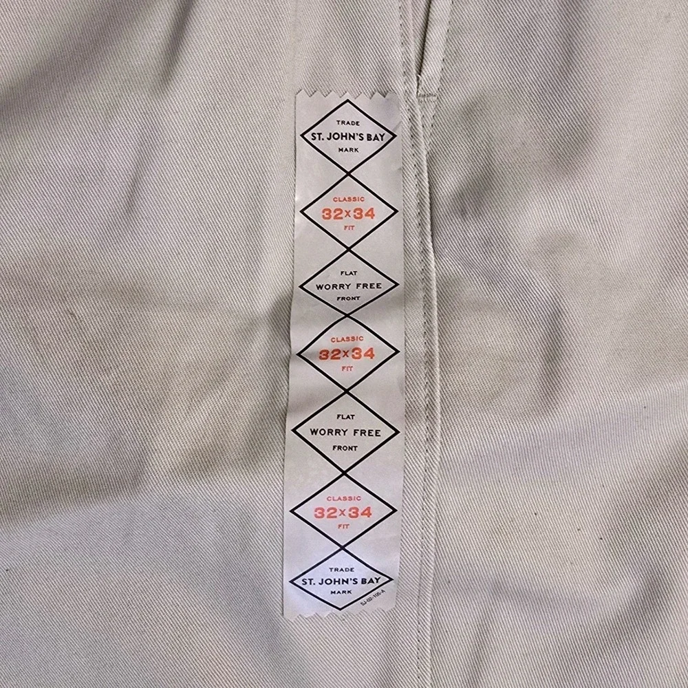 St Johns Bay Men's Worry Free Classic Fit Flat Front Pants 32x34 Stone Khaki NWT